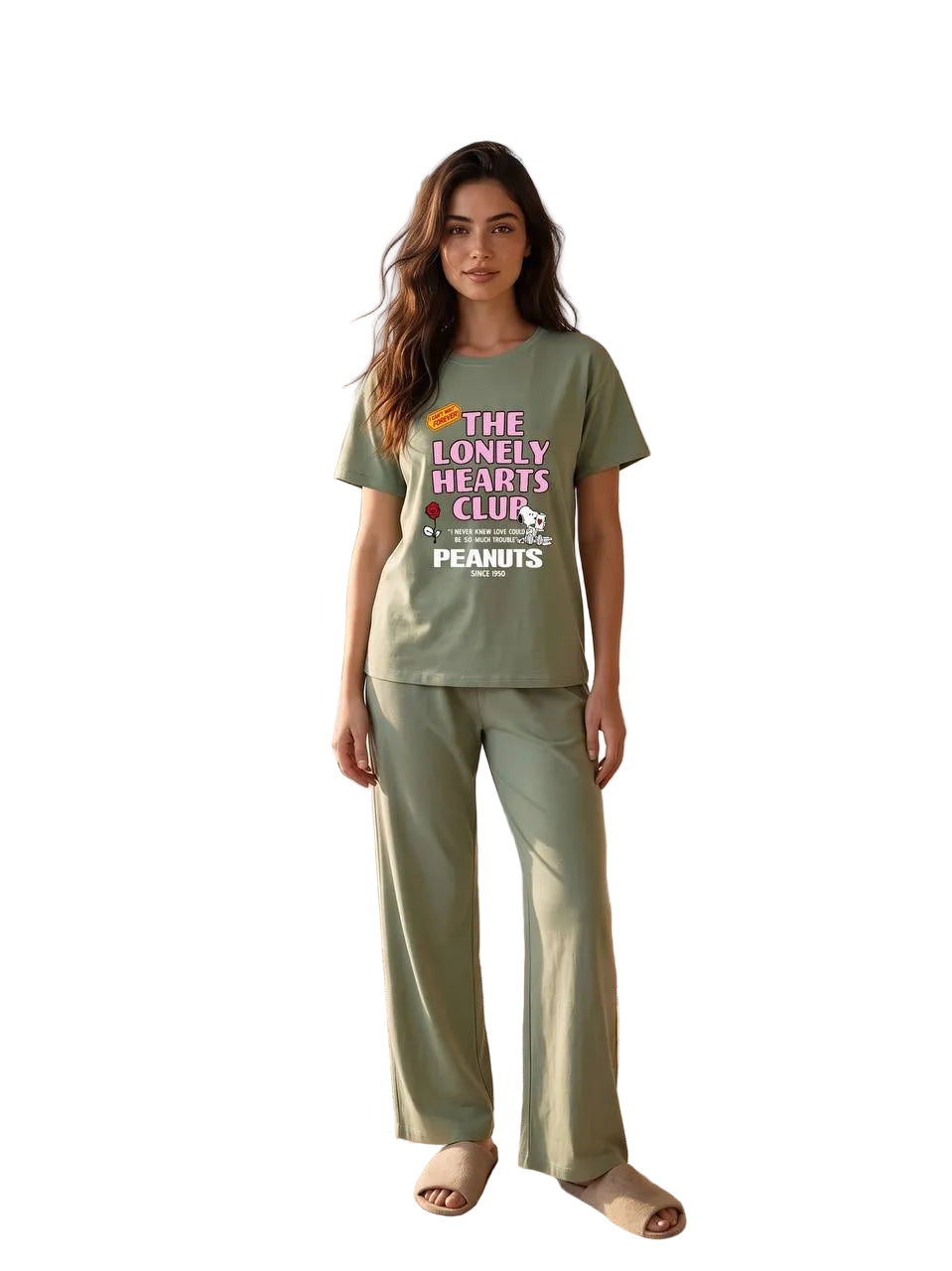 Women’s Peanuts “The Lonely Hearts Club” Cotton Pajama Set – Short Sleeve Lounge Sleepwear, Sage Green| SM6164B