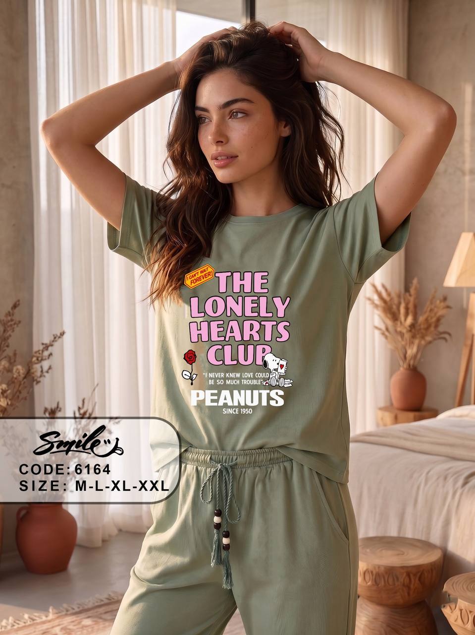 Women’s Peanuts “The Lonely Hearts Club” Cotton Pajama Set – Short Sleeve Lounge Sleepwear, Sage Green| SM6164B