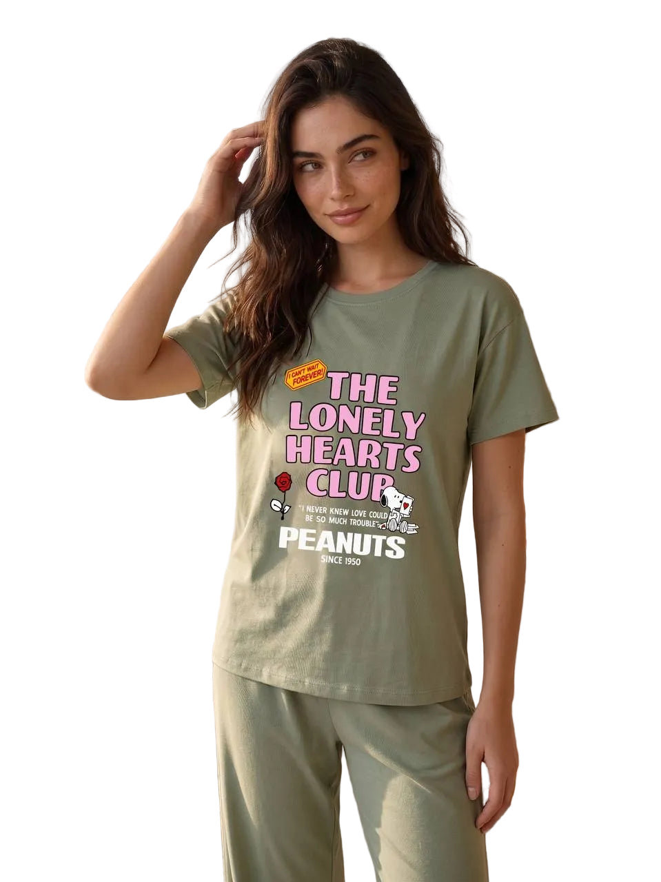 Women’s Peanuts “The Lonely Hearts Club” Cotton Pajama Set – Short Sleeve Lounge Sleepwear, Sage Green| SM6164B