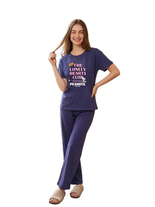 Women’s Peanuts SM6164A “The Lonely Hearts Club” Cotton Pajama Set – Short Sleeve & Full-Length Pants Sleepwear, Indigo Purple|SM6164A