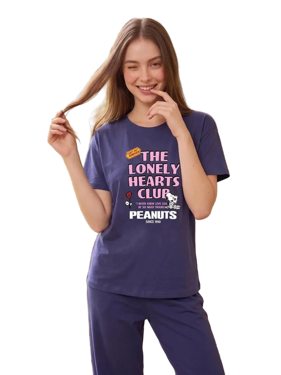 Women’s Peanuts “The Lonely Hearts Club” Cotton Pajama Set – Short Sleeve & Full-Length Pants Sleepwear, Indigo Blue|SM6164A