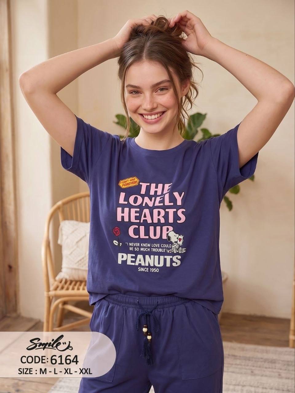 Women’s Peanuts “The Lonely Hearts Club” Cotton Pajama Set – Short Sleeve & Full-Length Pants Sleepwear, Indigo Blue|SM6164A