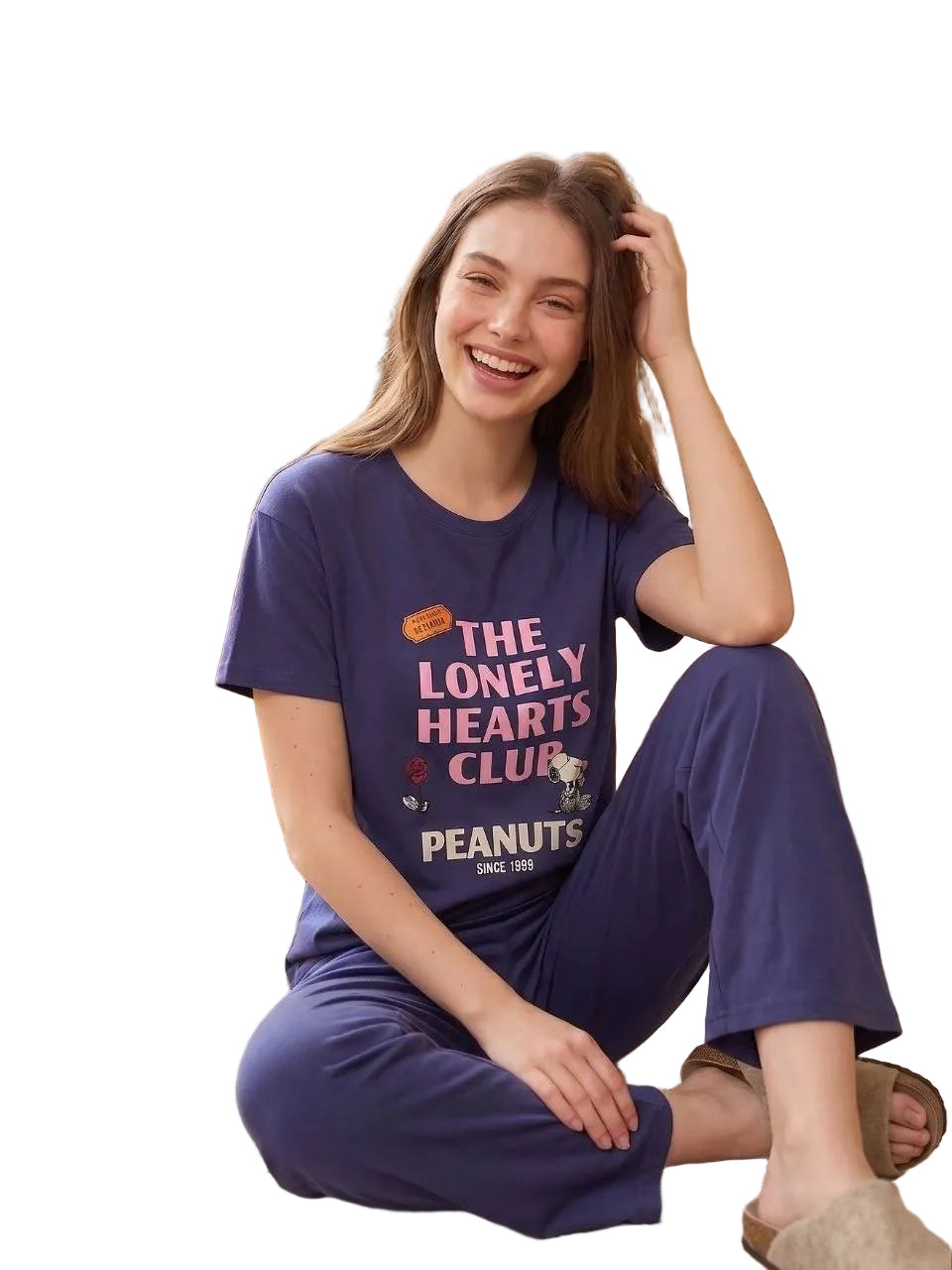 Women’s Peanuts “The Lonely Hearts Club” Cotton Pajama Set – Short Sleeve & Full-Length Pants Sleepwear, Indigo Blue|SM6164A