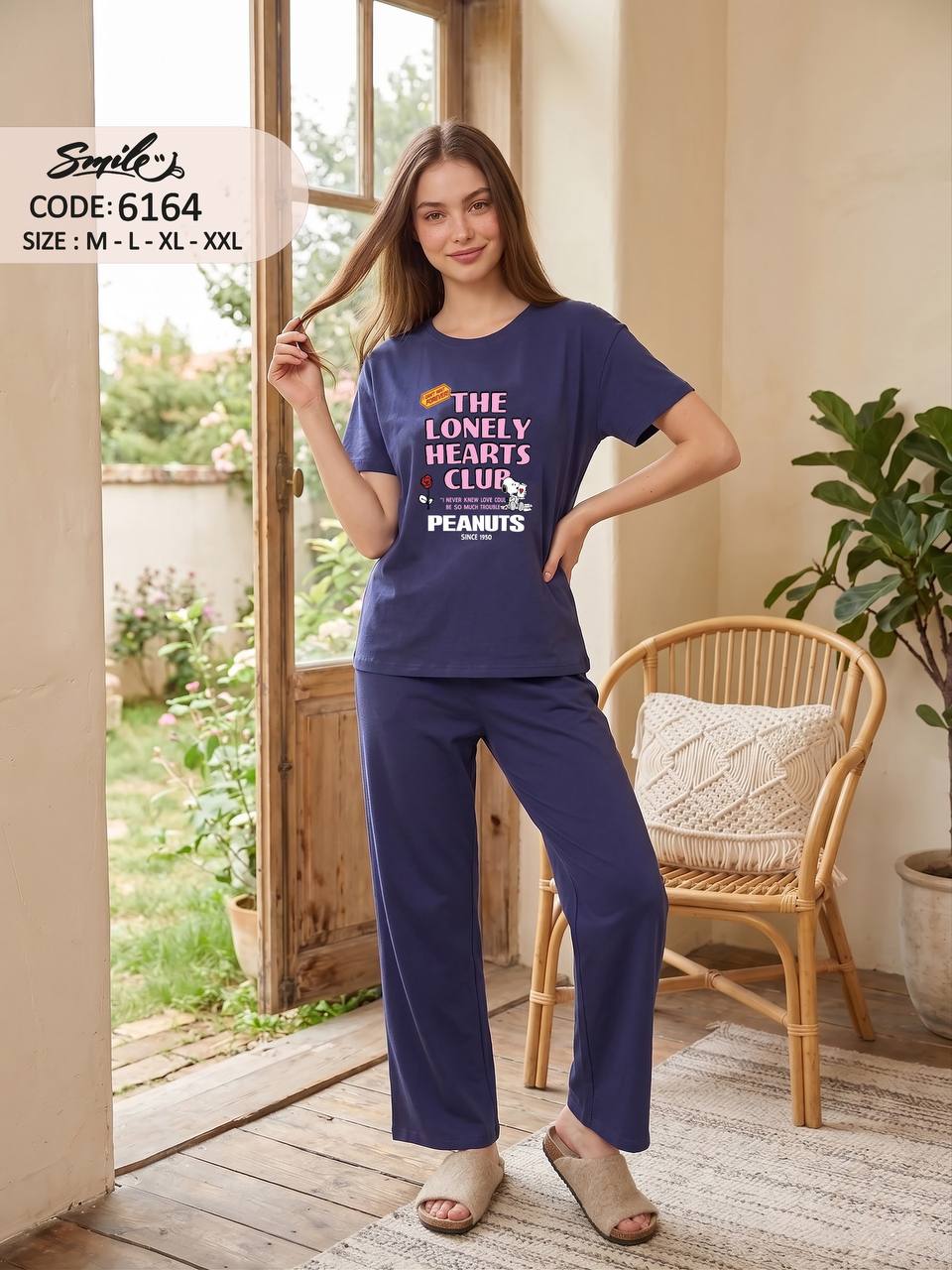 Women’s Peanuts “The Lonely Hearts Club” Cotton Pajama Set – Short Sleeve & Full-Length Pants Sleepwear, Indigo Blue|SM6164A