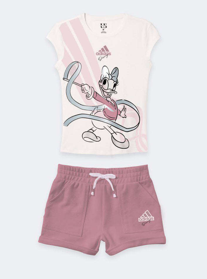 Girls Daisy Duck Summer US007    T-Shirt & Shorts Set – Soft Cotton Casual Outfit – Pink & White – US007