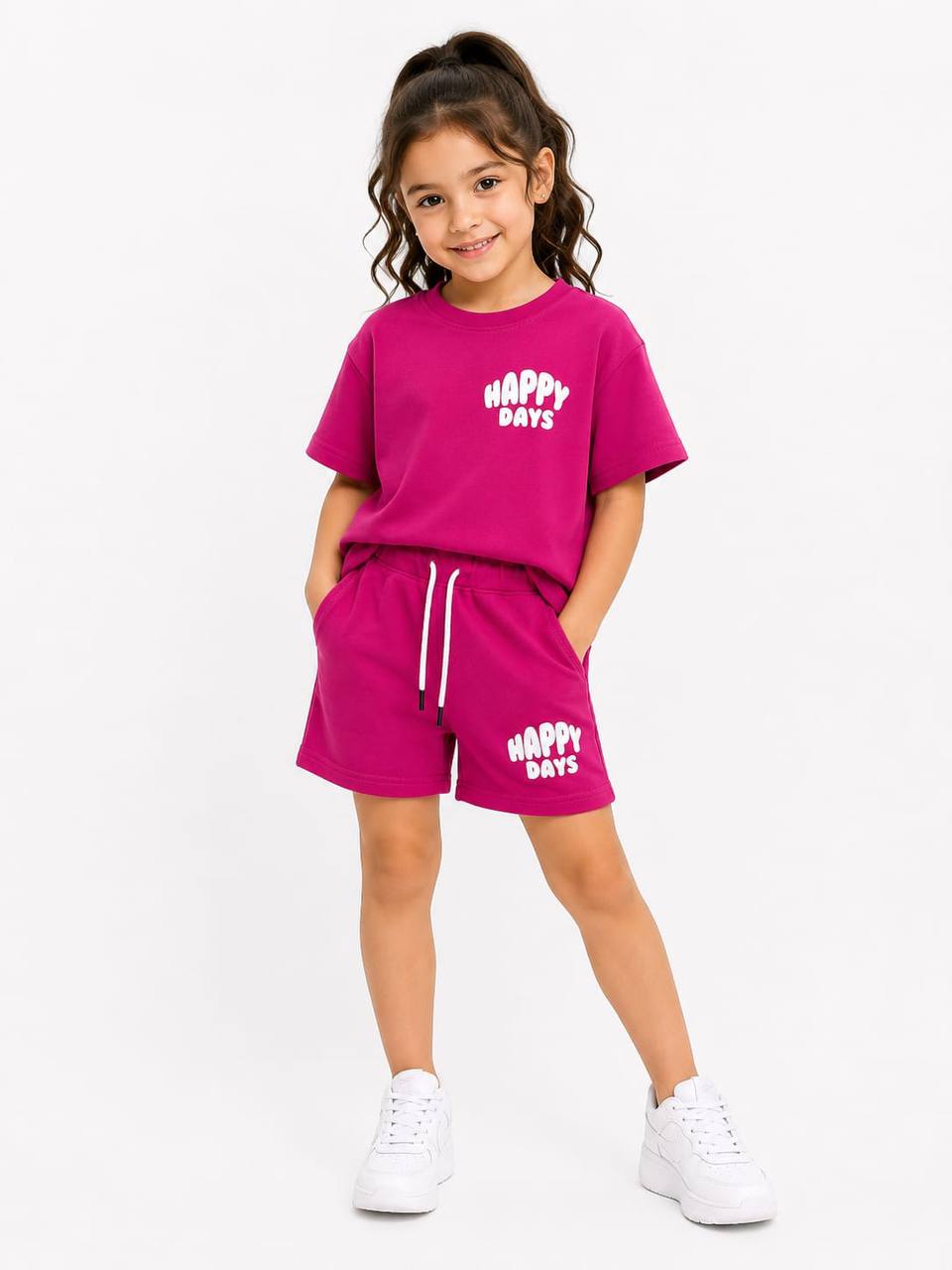 Girls Happy Days Summer T-Shirt & Shorts Set – Fuchsia Cotton Casual Outfit |RM021G