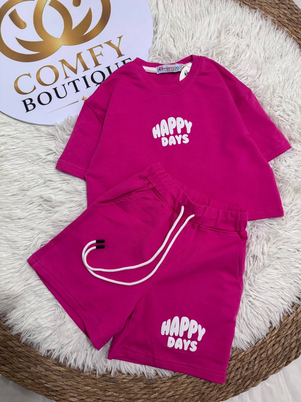 Girls Happy Days Summer T-Shirt & Shorts Set – Fuchsia Cotton Casual Outfit |RM021G