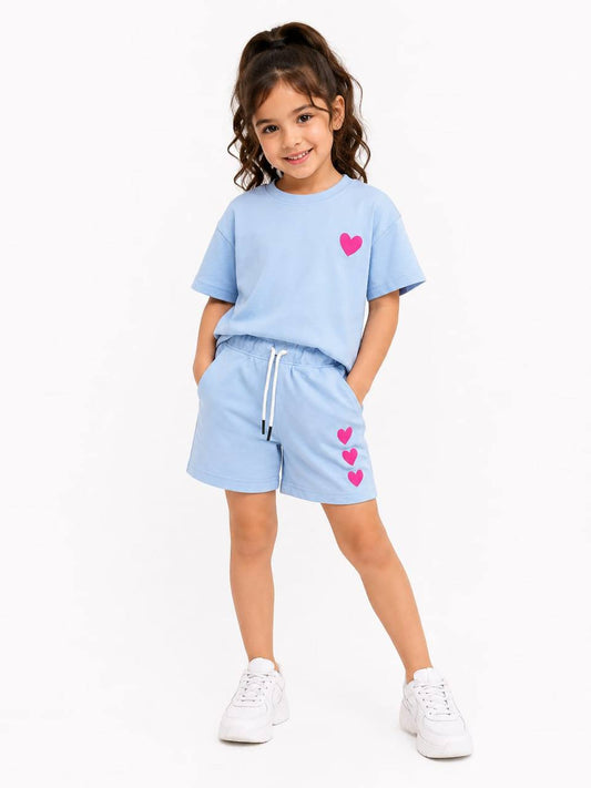 Girls Heart Print Summer T-RM022G - Shirt & Shorts Set – Sky Blue Cotton Casual Outfit |RM022G