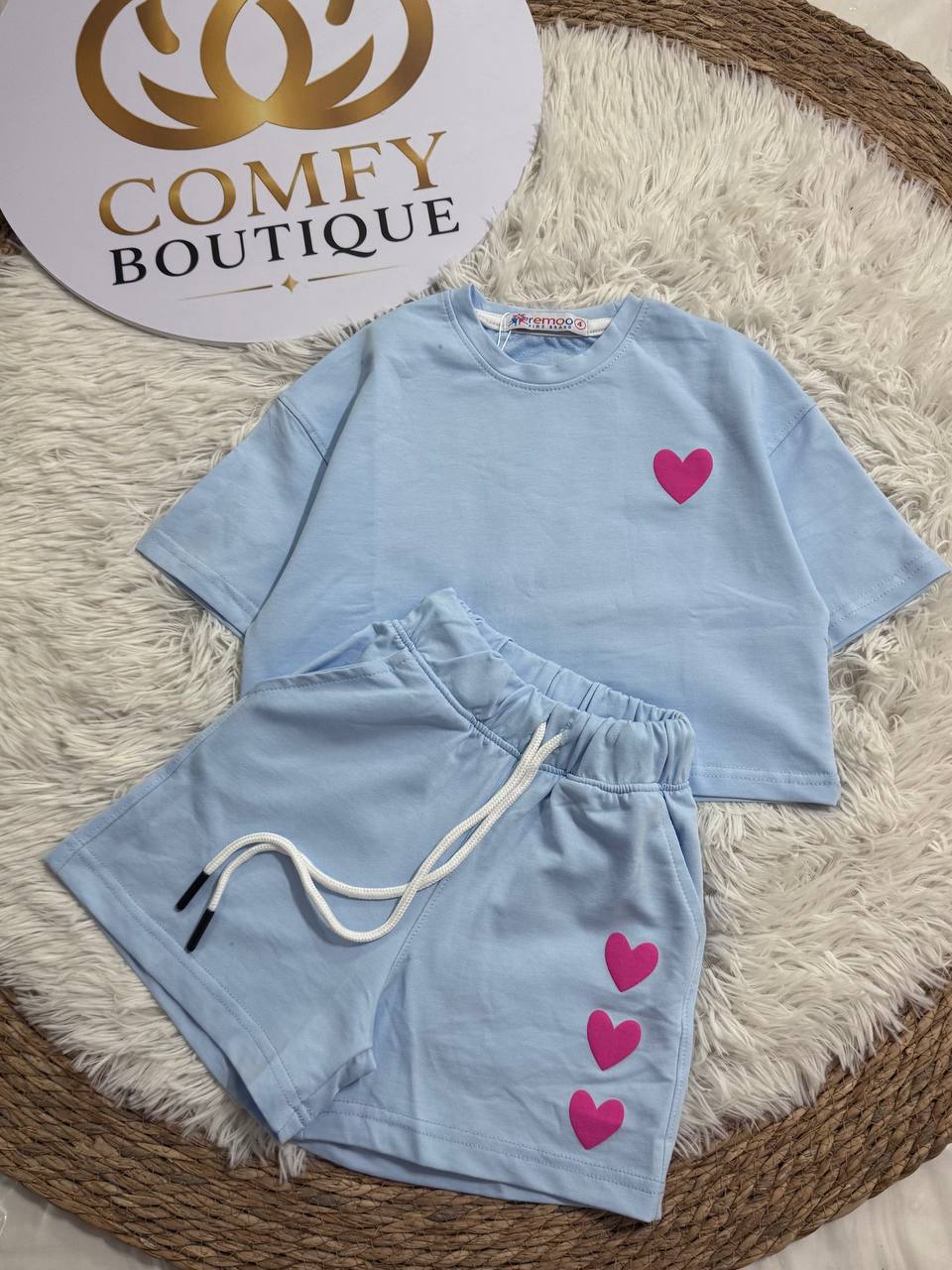Girls Heart Print Summer T-Shirt & Shorts Set – Sky Blue Cotton Casual Outfit |RM022G