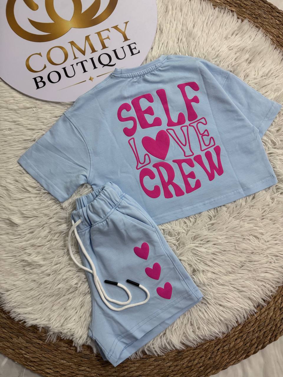 Girls Heart Print Summer T-Shirt & Shorts Set – Sky Blue Cotton Casual Outfit |RM022G