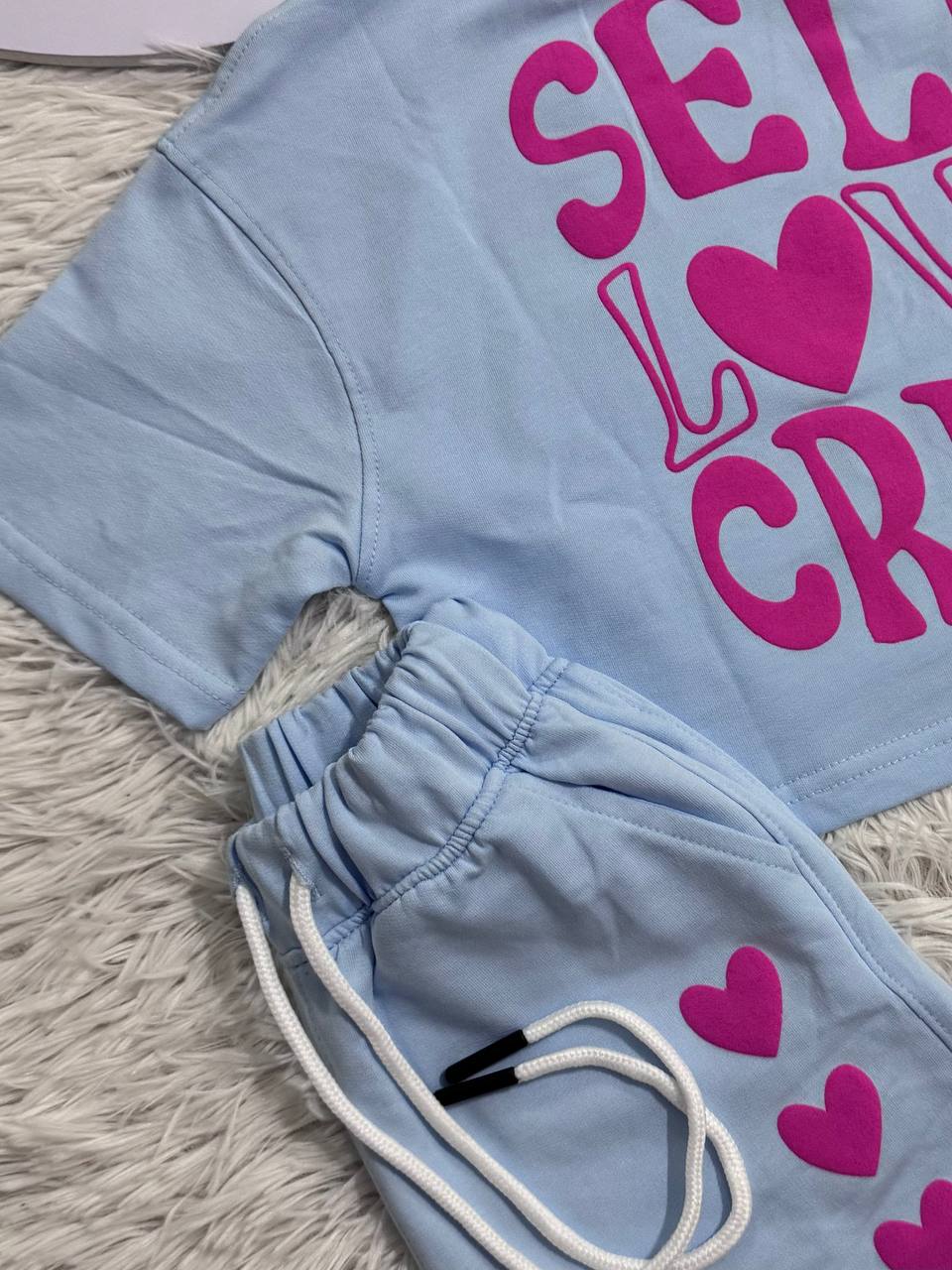 Girls Heart Print Summer T-Shirt & Shorts Set – Sky Blue Cotton Casual Outfit |RM022G