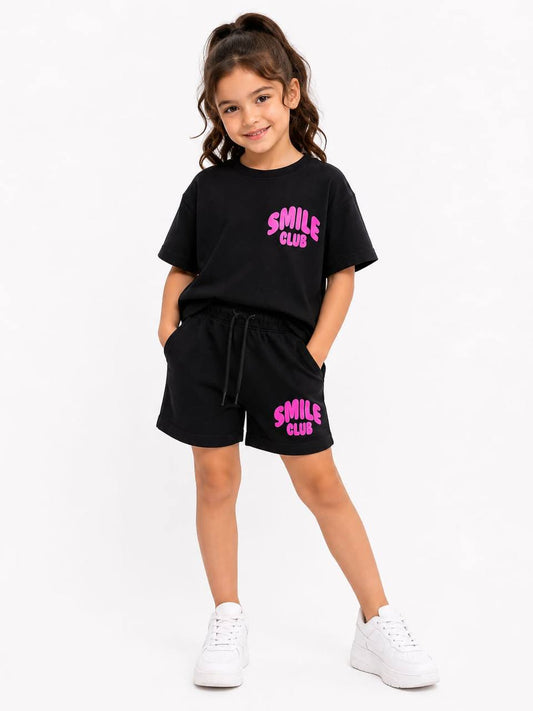 Girls Smile Club Summer T-Shirt & Shorts Set RM023G – Black Cotton Casual Outfit | RM023G