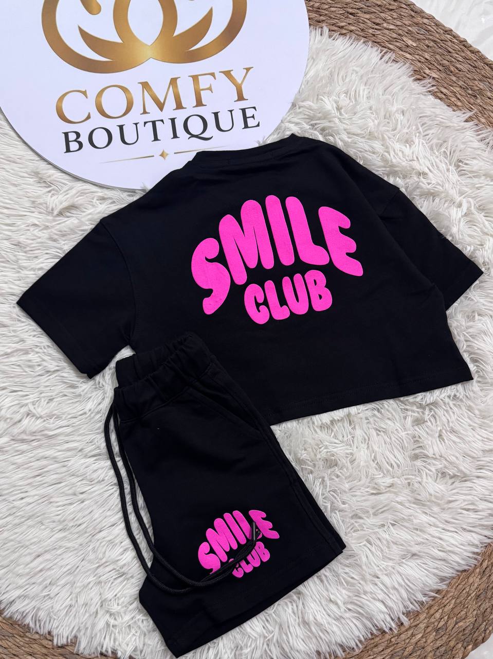 Girls Smile Club Summer T-Shirt & Shorts Set – Black Cotton Casual Outfit | RM023G