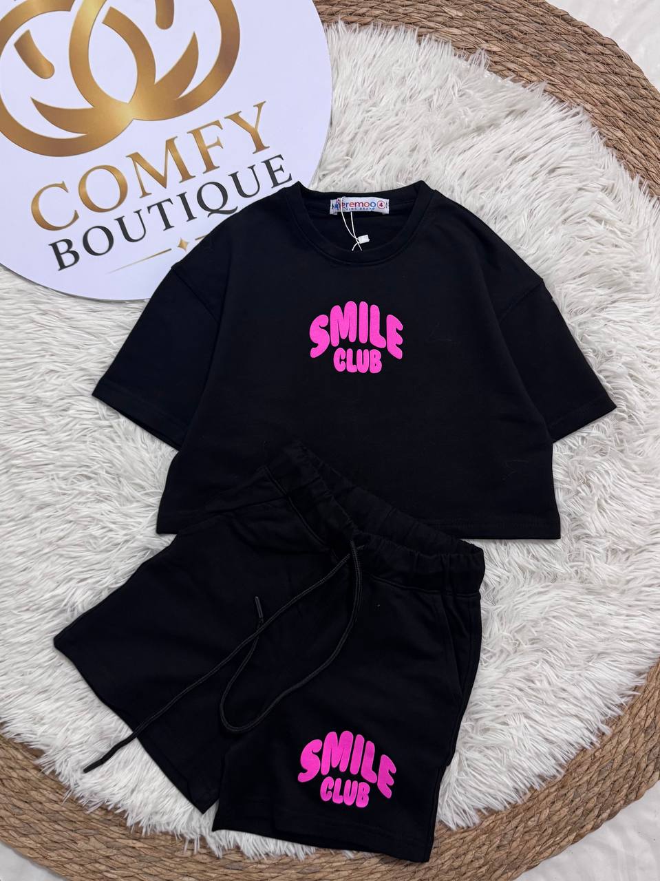 Girls Smile Club Summer T-Shirt & Shorts Set – Black Cotton Casual Outfit | RM023G
