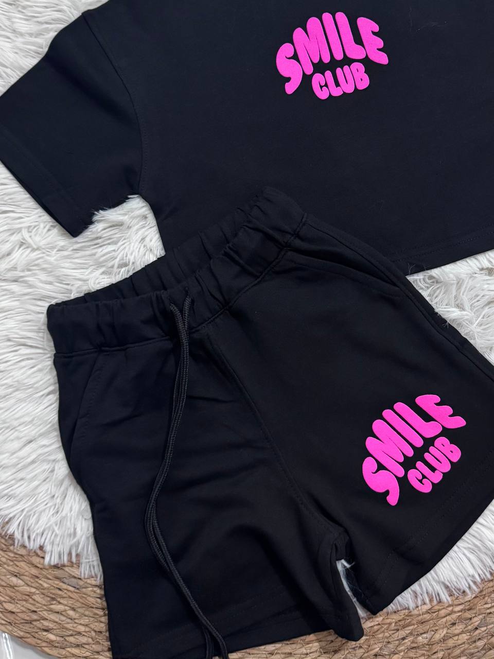 Girls Smile Club Summer T-Shirt & Shorts Set – Black Cotton Casual Outfit | RM023G