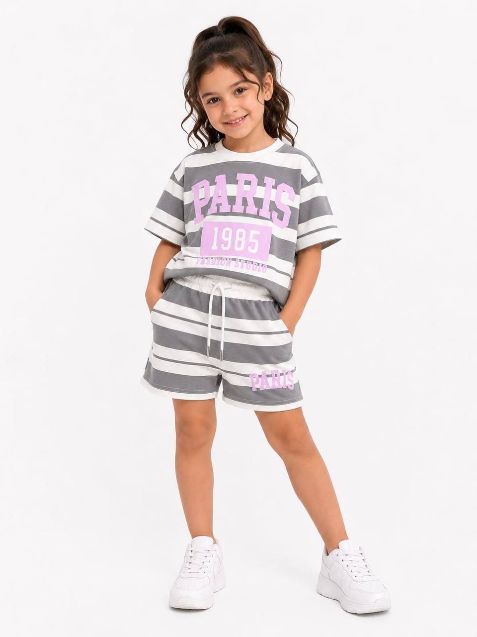 Girls Paris 1985 Striped Summer T-Shirt & Shorts Set – Grey & White Cotton Casual Outfit | RM024G