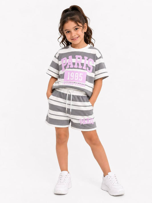 Girls Paris 1985 Striped Summer T-Shirt & Shorts Set RM024G – Grey & White Cotton Casual Outfit | RM024G