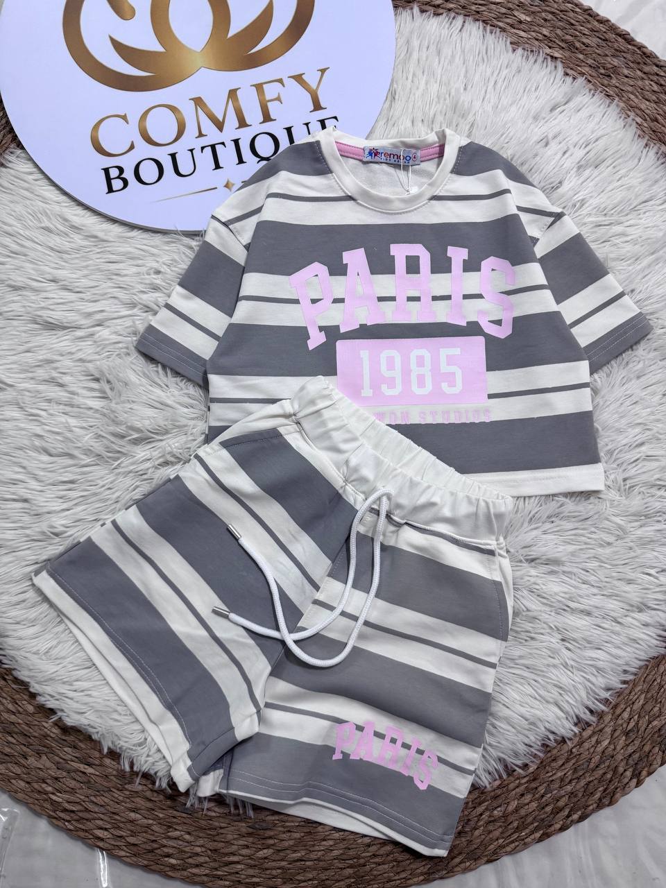 Girls Paris 1985 Striped Summer T-Shirt & Shorts Set – Grey & White Cotton Casual Outfit | RM024G