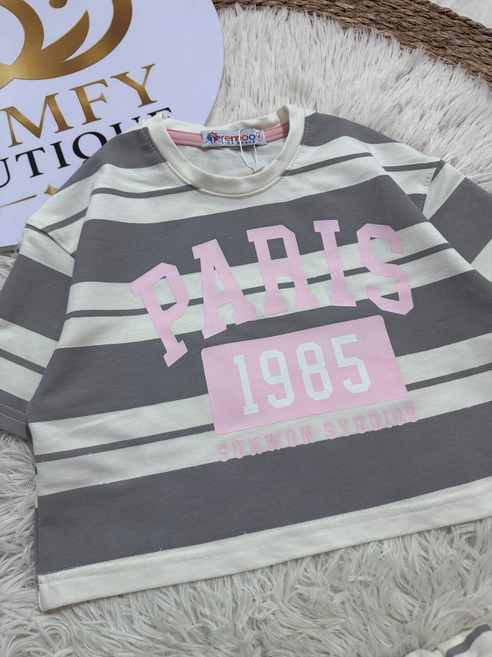 Girls Paris 1985 Striped Summer T-Shirt & Shorts Set – Grey & White Cotton Casual Outfit | RM024G
