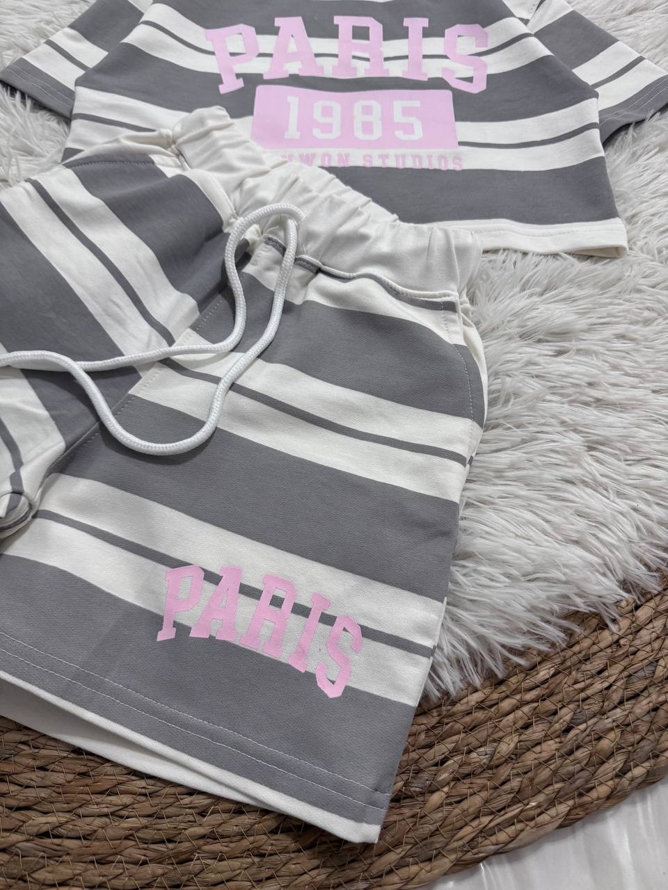 Girls Paris 1985 Striped Summer T-Shirt & Shorts Set – Grey & White Cotton Casual Outfit | RM024G