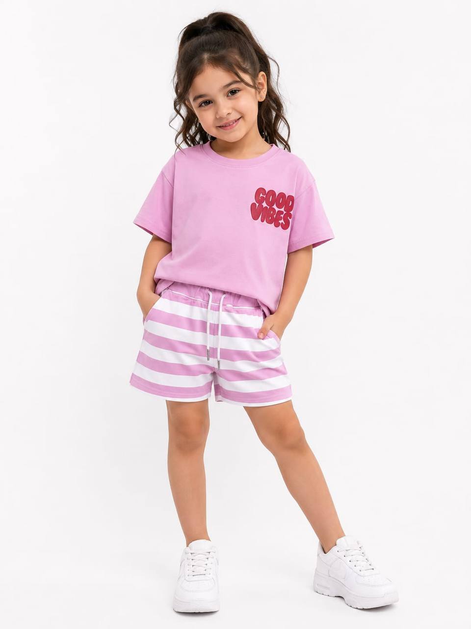 Girls Good Vibes Summer T-Shirt & Striped Shorts Set – Pink Cotton Casual Outfit | RM024G