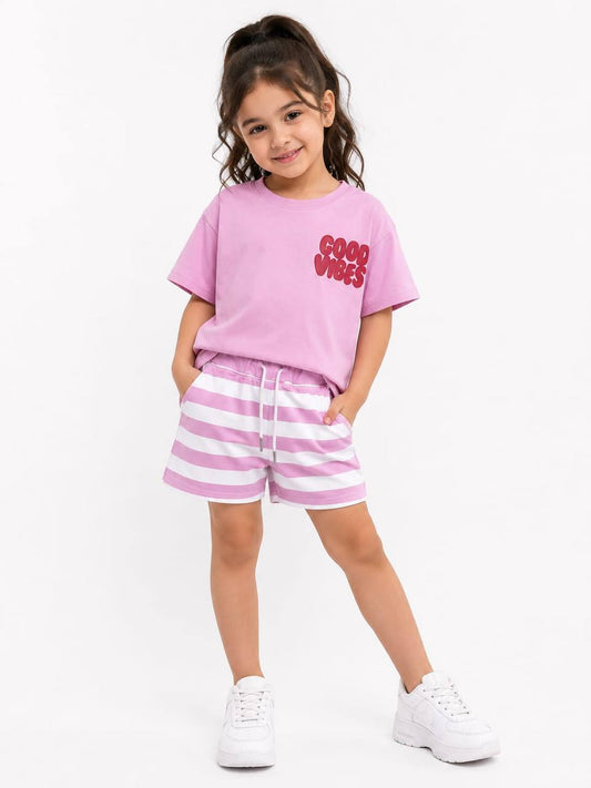 Girls Good Vibes Summer T-Shirt & Striped Shorts Set RM025G – Pink Cotton Casual Outfit | RM025G