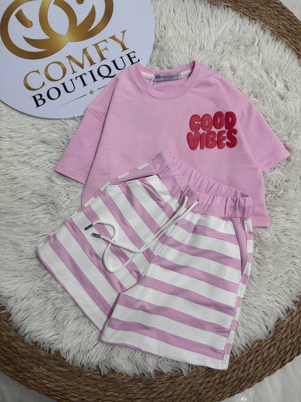 Girls Good Vibes Summer T-Shirt & Striped Shorts Set – Pink Cotton Casual Outfit | RM024G