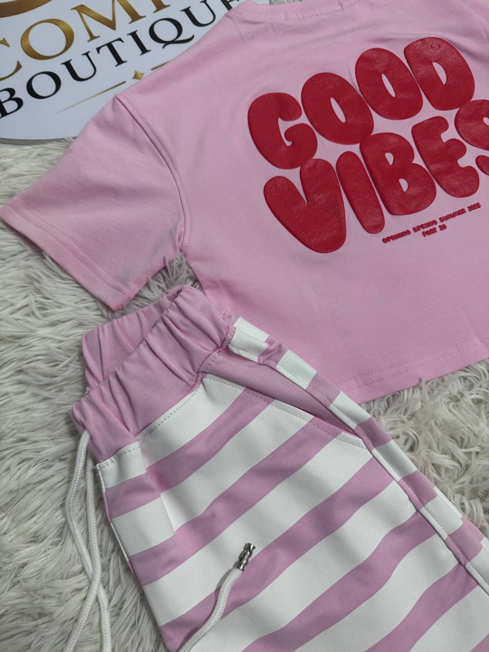 Girls Good Vibes Summer T-Shirt & Striped Shorts Set – Pink Cotton Casual Outfit | RM024G