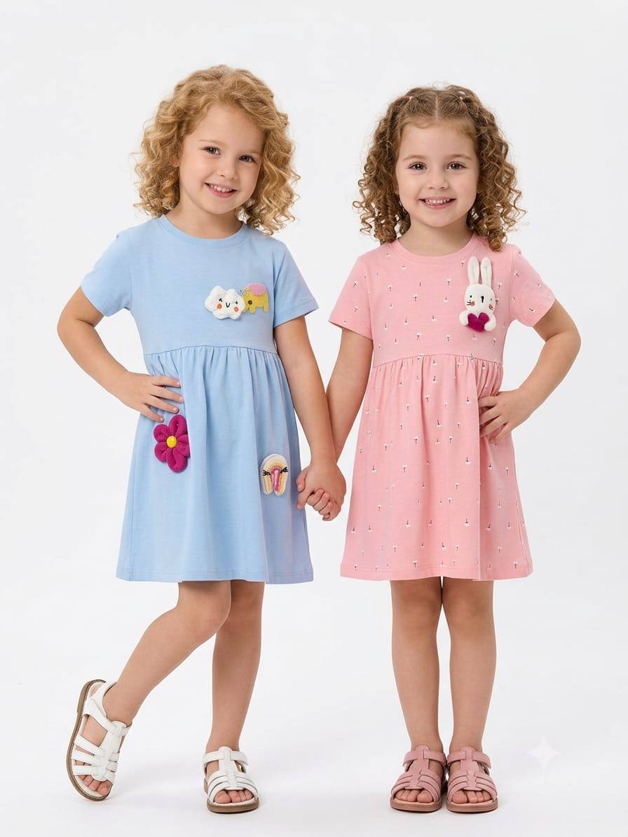 (PACK OF TWO).               Girls Summer Cotton Dress with 3D Applique LI014G – Soft Casual Dress for Kids | LI014G