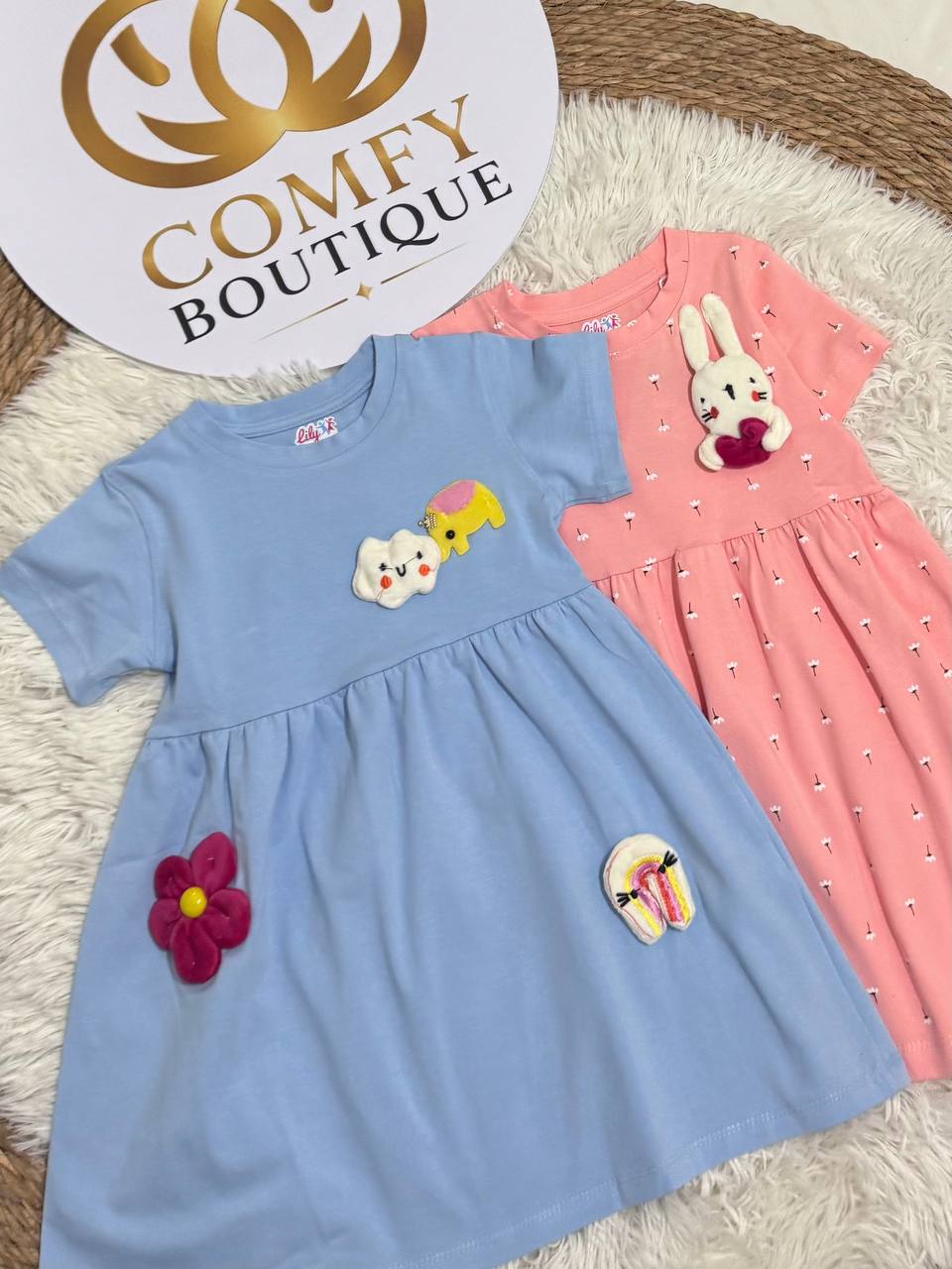 (PACK OF TWO).               Girls Summer Cotton Dress with 3D Applique LI014G – Soft Casual Dress for Kids | LI014G