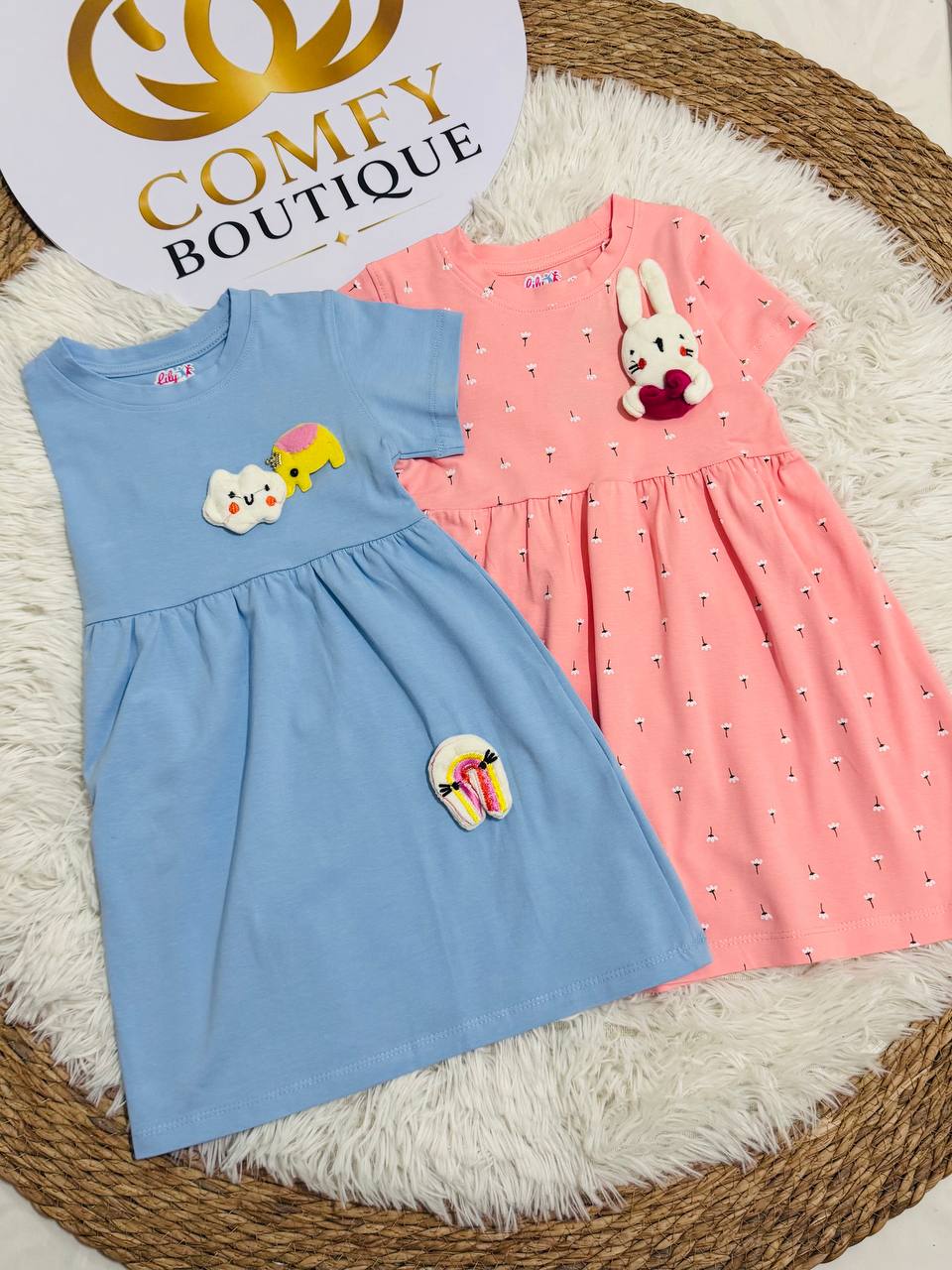(PACK OF TWO).               Girls Summer Cotton Dress with 3D Applique LI014G – Soft Casual Dress for Kids | LI014G