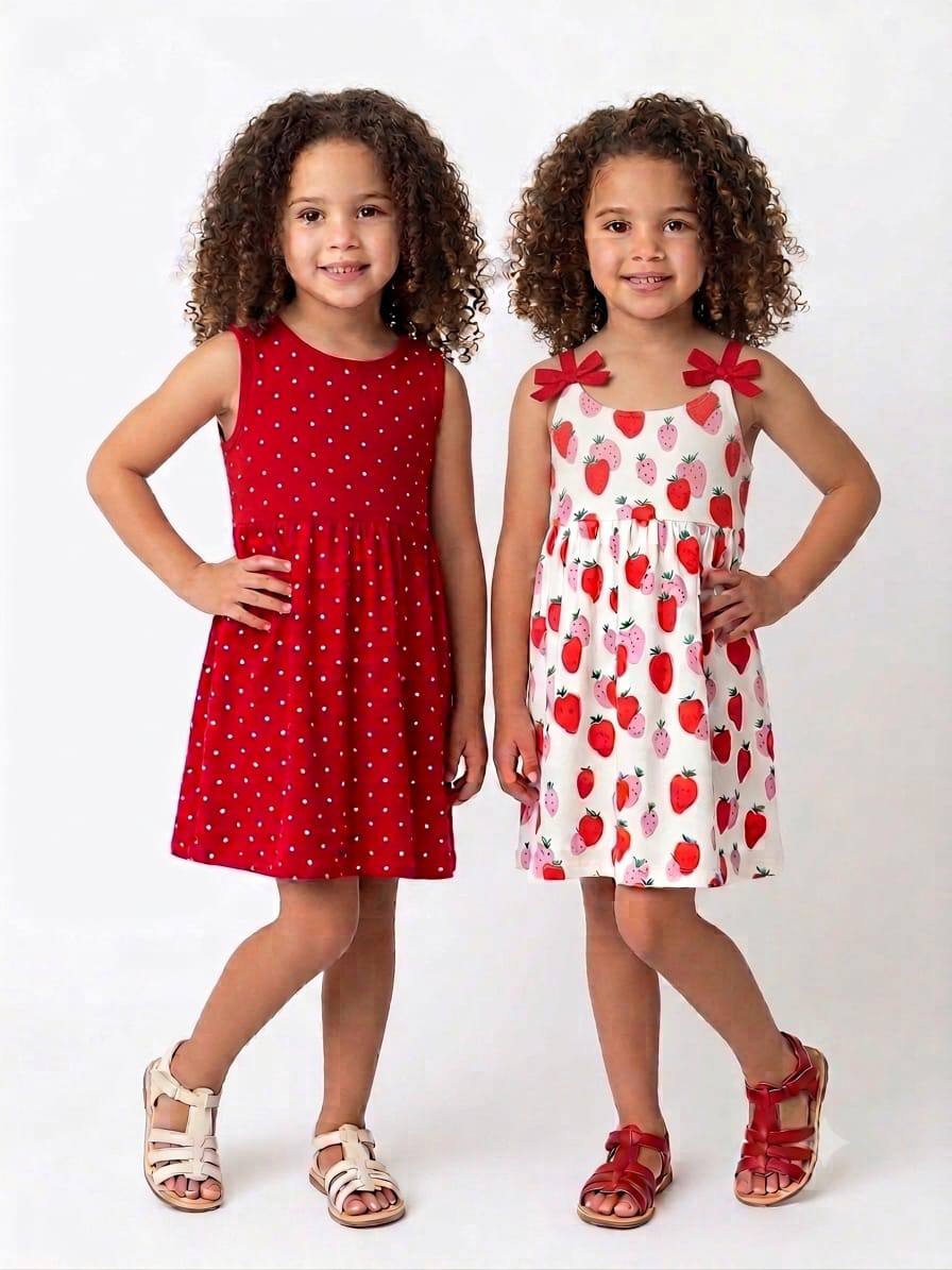 (PACK OF TWO).                Girls Summer Sleeveless Dress LI012G – Polka Dot & Strawberry Print | Soft Cotton Casual Dress|LI012G