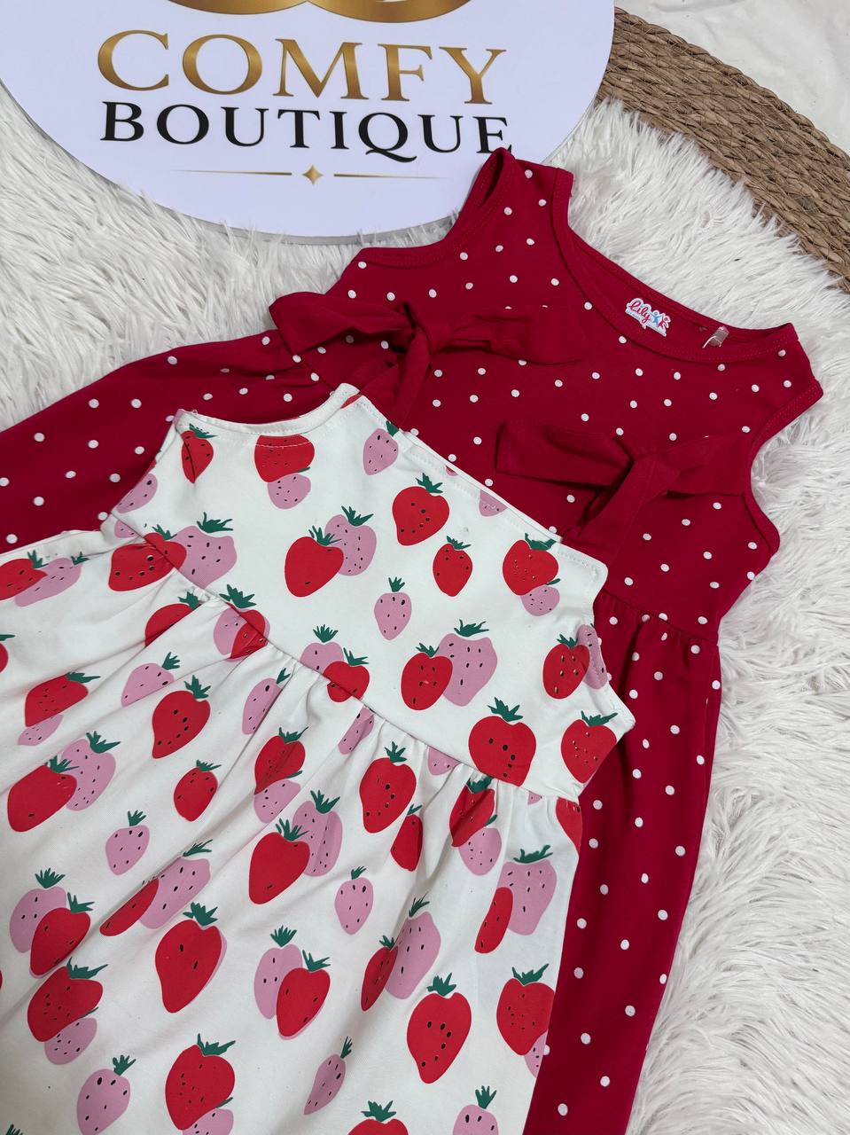 (PACK OF TWO).                Girls Summer Sleeveless Dress LI012G – Polka Dot & Strawberry Print | Soft Cotton Casual Dress|LI012G