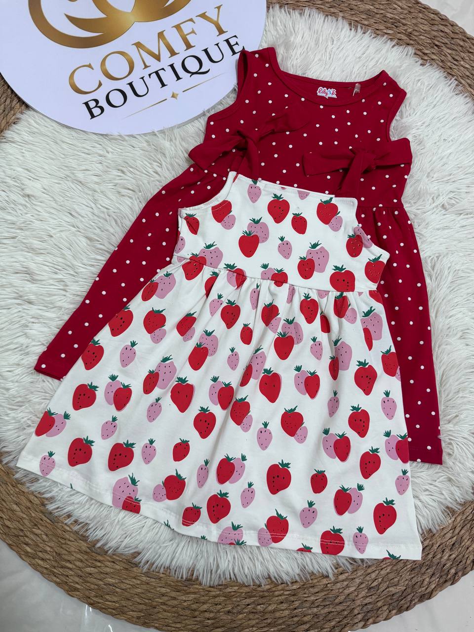 (PACK OF TWO).                Girls Summer Sleeveless Dress LI012G – Polka Dot & Strawberry Print | Soft Cotton Casual Dress|LI012G
