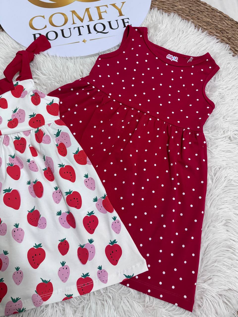 (PACK OF TWO).                Girls Summer Sleeveless Dress LI012G – Polka Dot & Strawberry Print | Soft Cotton Casual Dress|LI012G