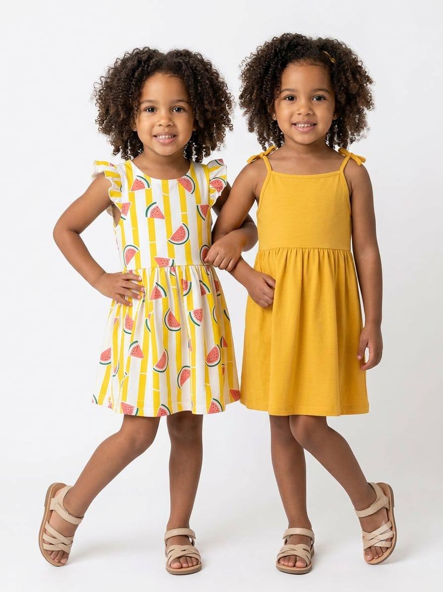 (PACK OF TWO).               Girls Summer Cotton Dress – LI011G - Watermelon Print & Solid Yellow Sleeveless Casual Dress |LI011G