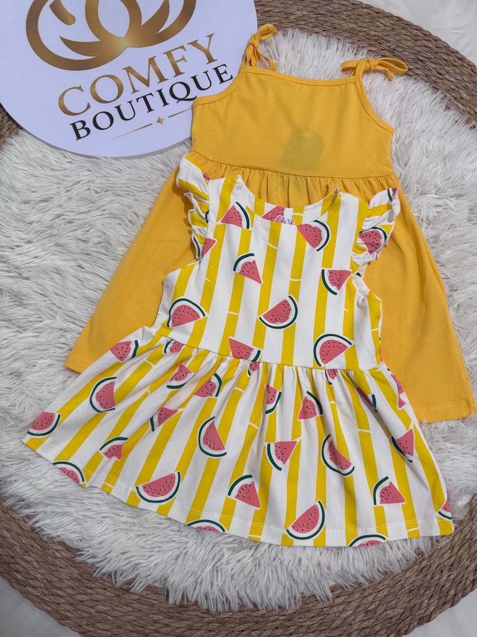 (PACK OF TWO).               Girls Summer Cotton Dress – LI011G - Watermelon Print & Solid Yellow Sleeveless Casual Dress |LI011G