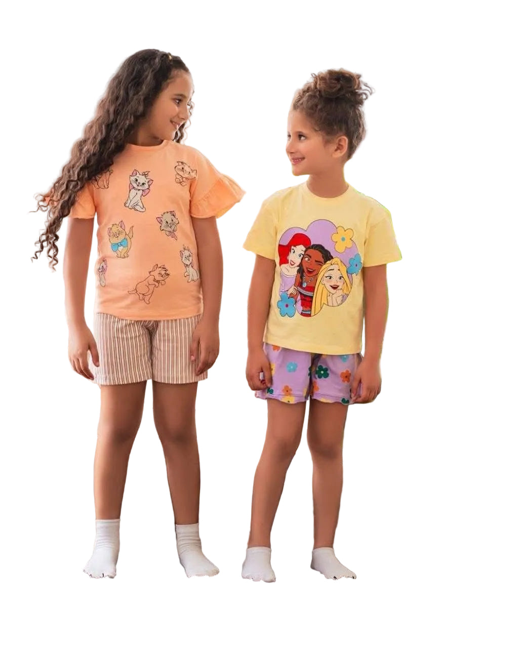 2-Pack Girls Summer Cotton 2-Piece Shorts Set – Cartoon Character Print – Soft Casual Outfit
