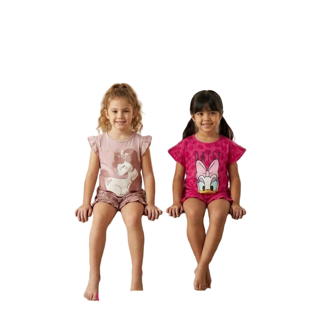 2-Pack Girls Summer Cotton 2-Piece Shorts Set – Unicorn & Daisy Duck Print – Ruffle Sleeve Outfit
