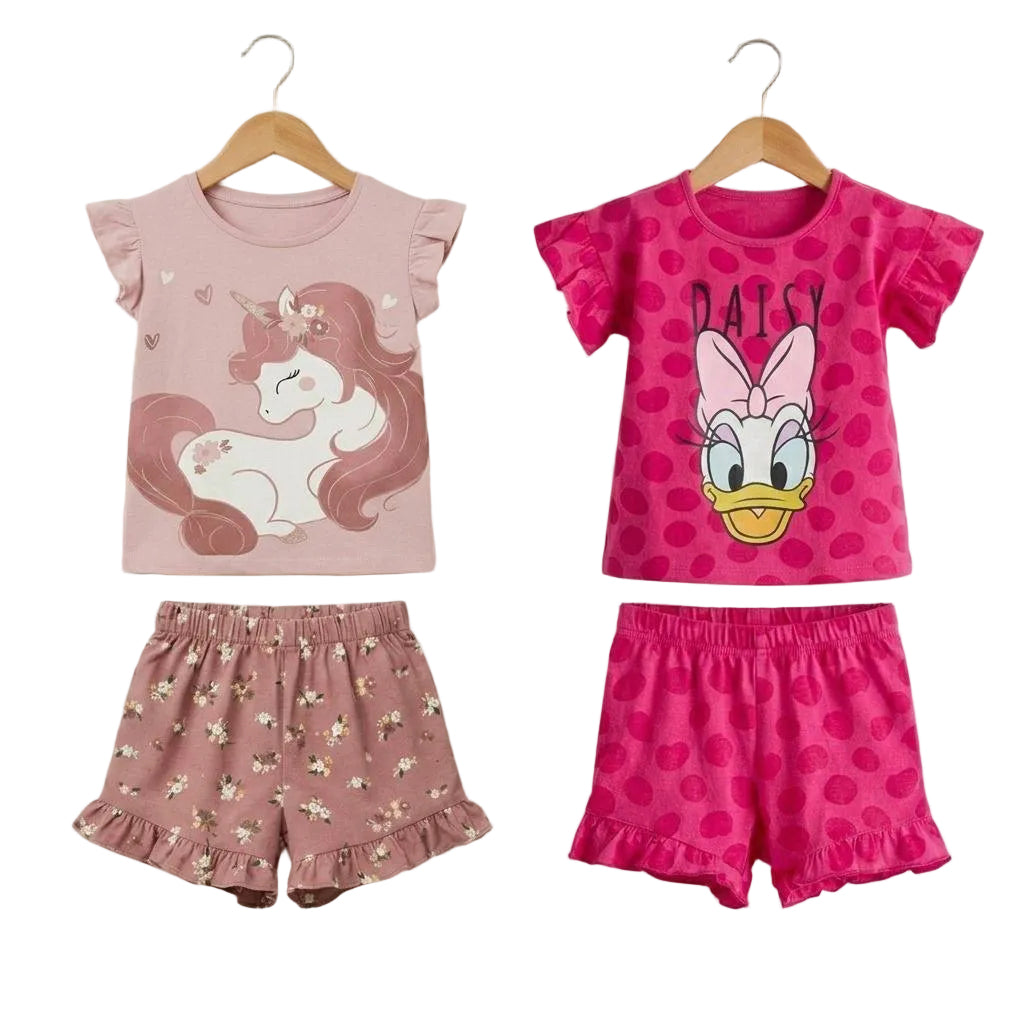 2-Pack Girls Summer Cotton 2-Piece Shorts Set – Unicorn & Daisy Duck Print – Ruffle Sleeve Outfit