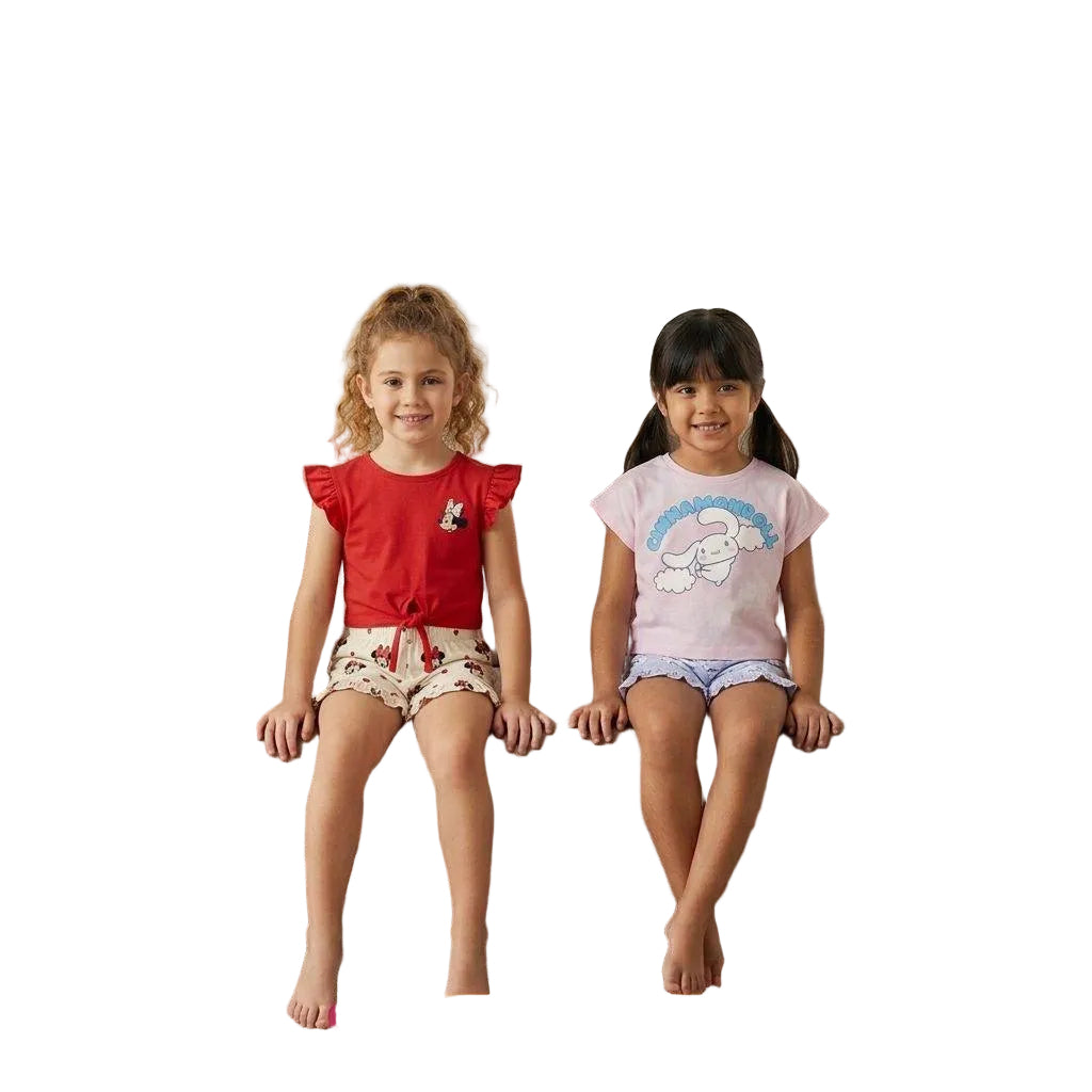 2-Pack Girls Summer Cotton Pajama Set – Cartoon Print T-Shirt & Shorts for Kids