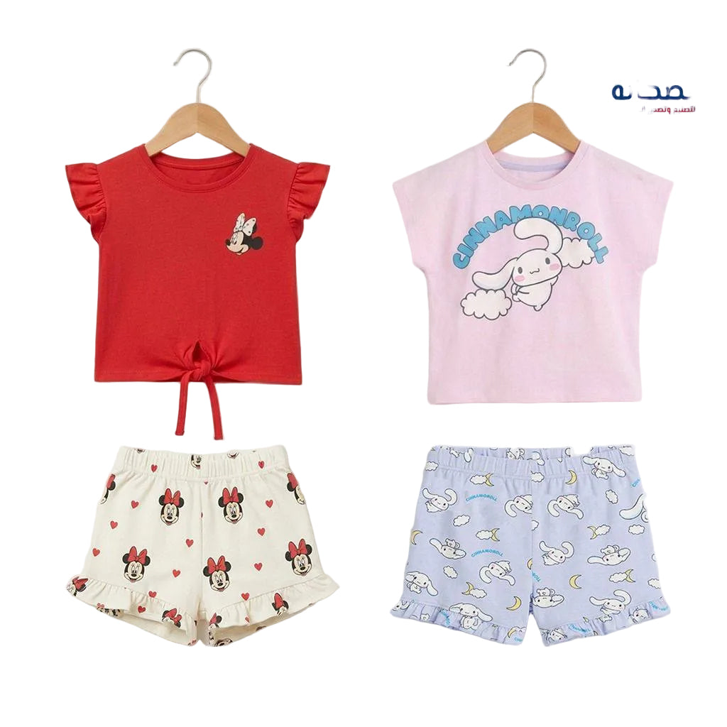 2-Pack Girls Summer Cotton Pajama Set – Cartoon Print T-Shirt & Shorts for Kids