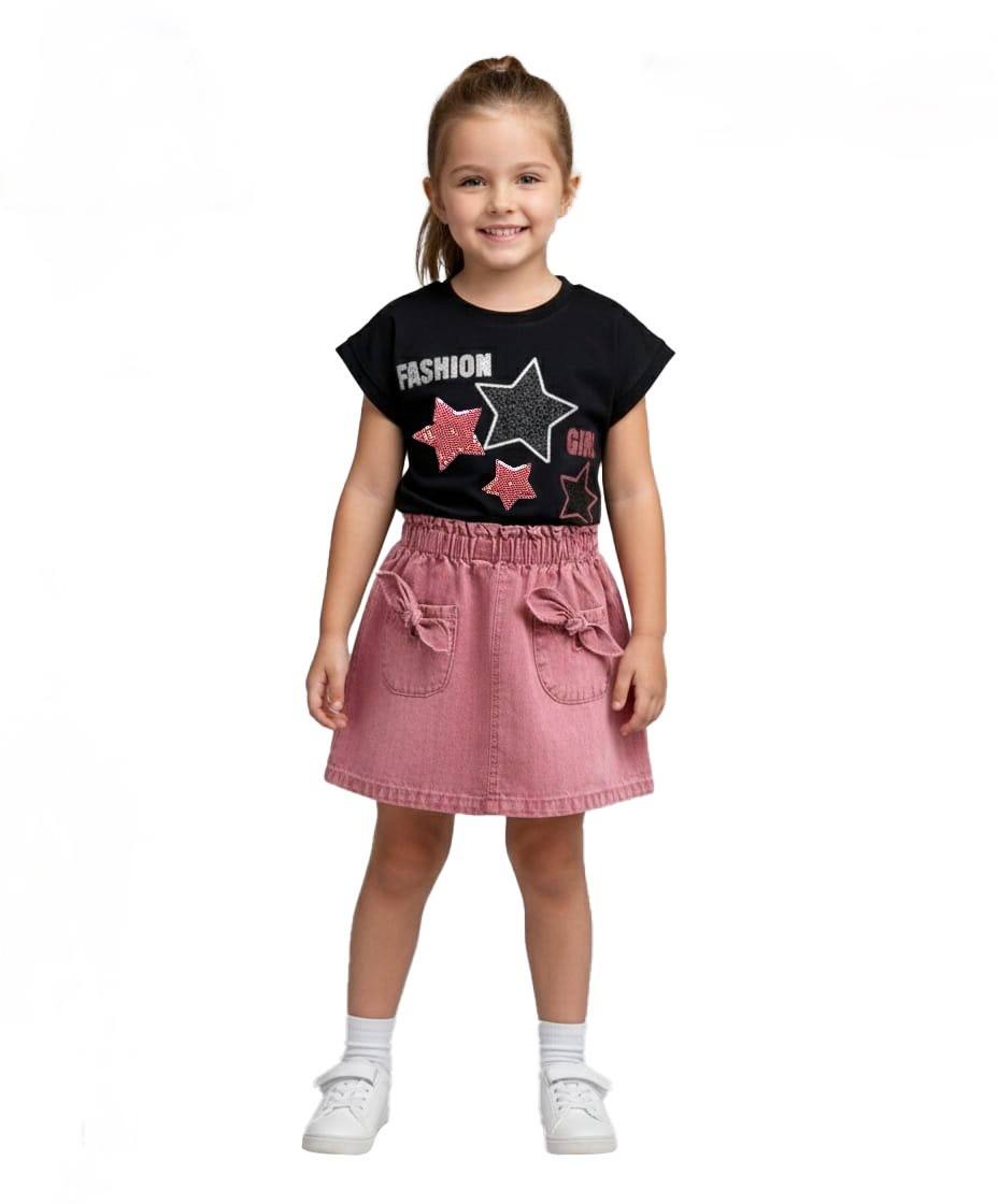 Girls Black Star T-Shirt & Pink Denim Skirt Set | Summer Outfit for Kids | HP001G