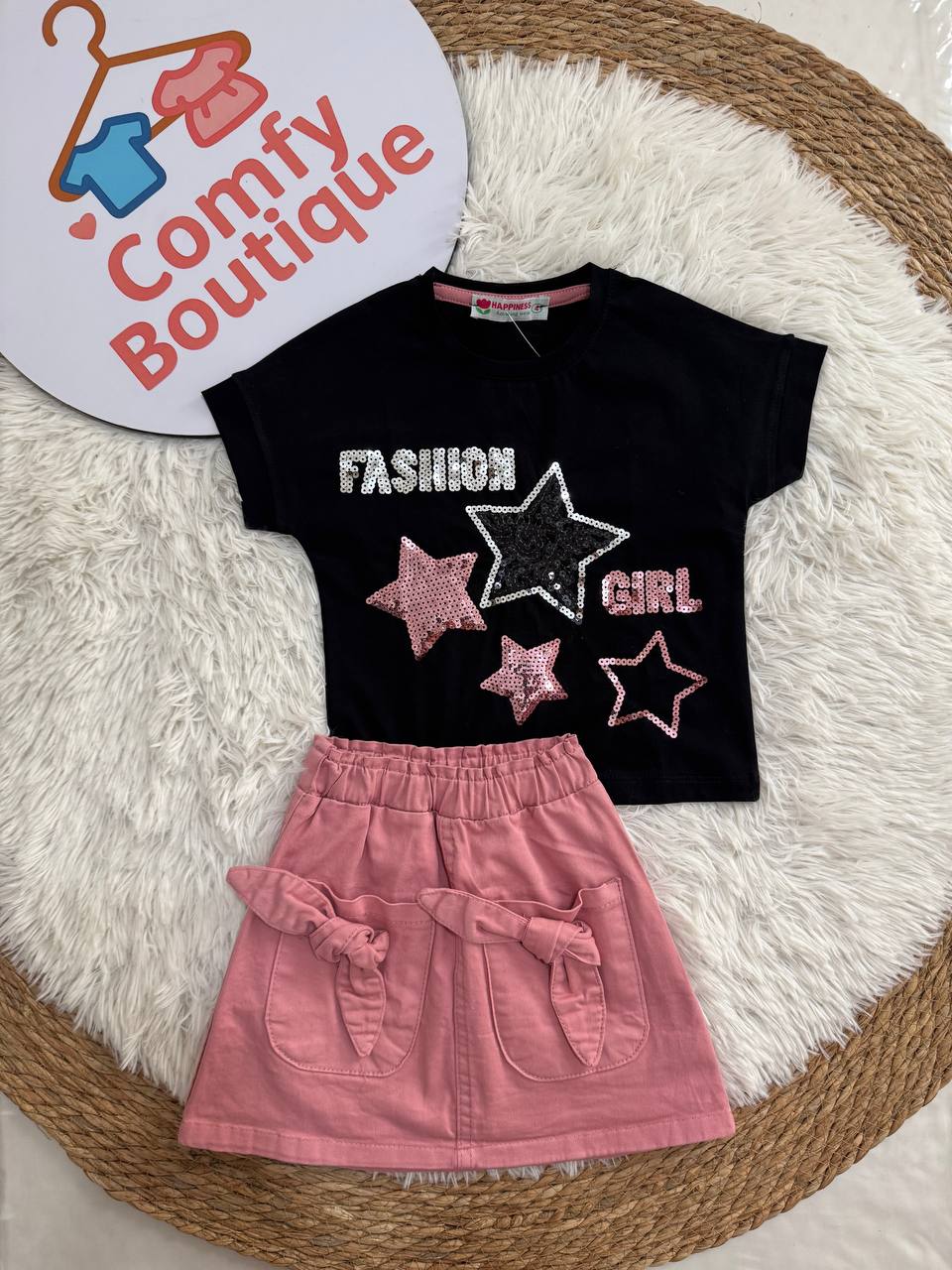 Girls Black Star T-Shirt & Pink Denim Skirt Set | Summer Outfit for Kids | HP001G