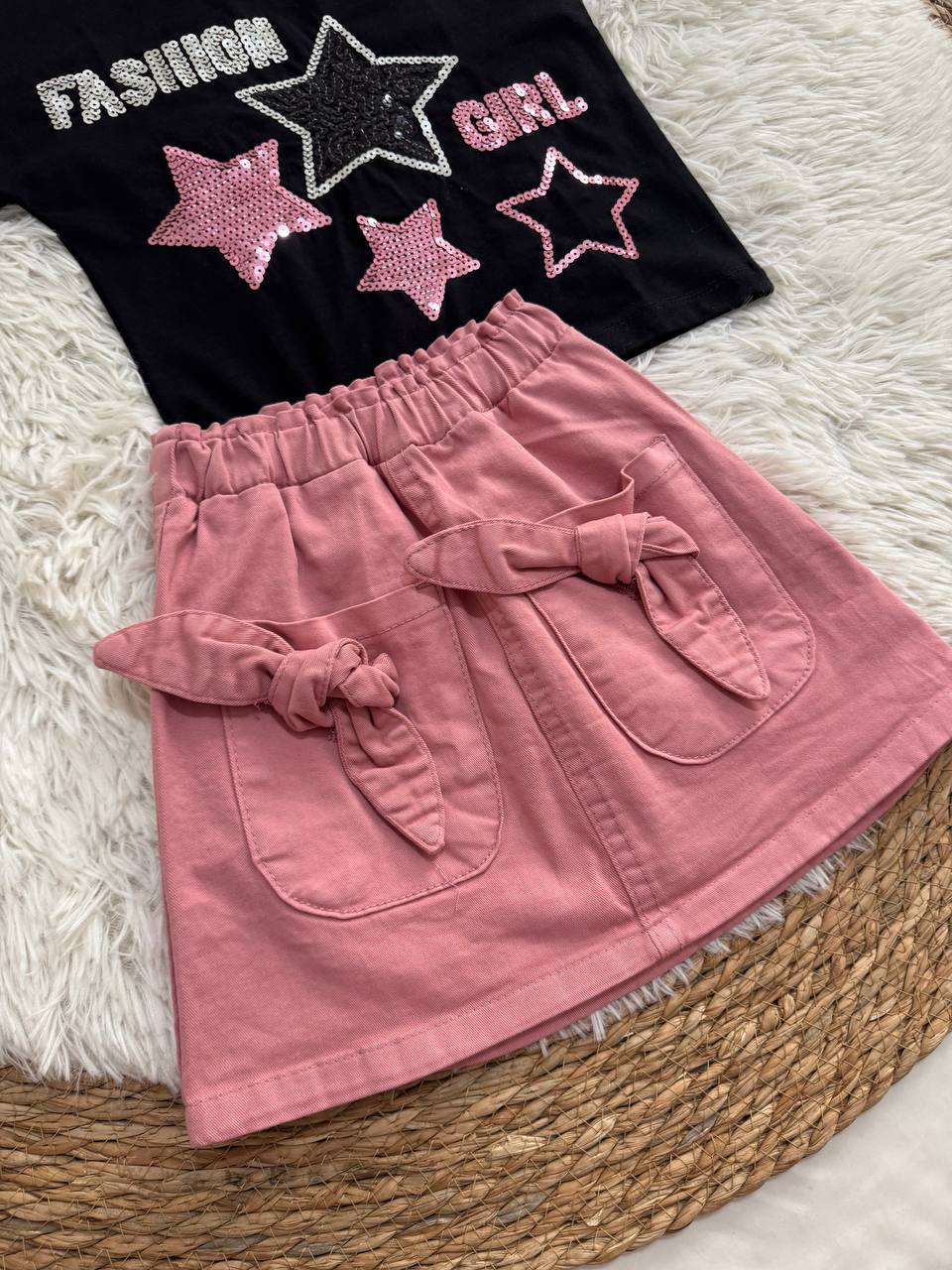 Girls Black Star T-Shirt & Pink Denim Skirt Set | Summer Outfit for Kids | HP001G