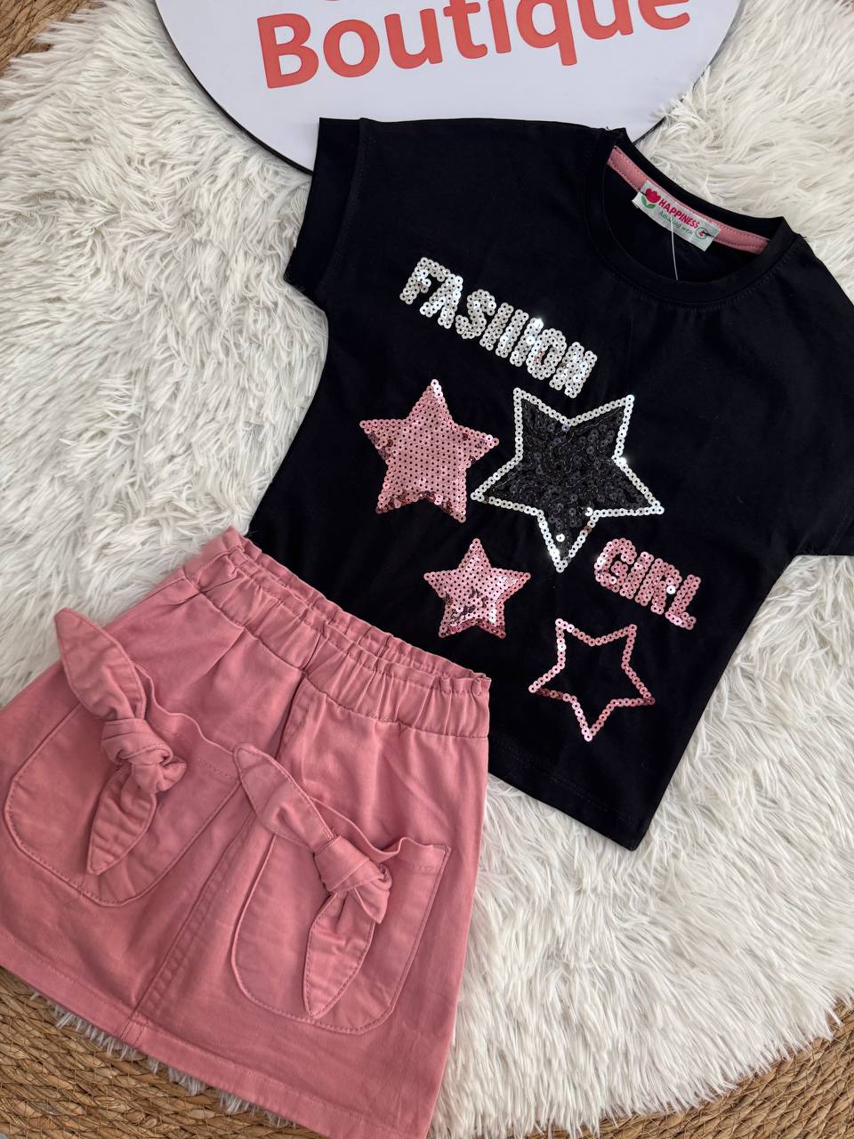 Girls Black Star T-Shirt & Pink Denim Skirt Set | Summer Outfit for Kids | HP001G