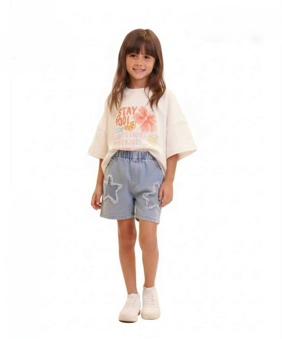 Girls Summer T-Shirt & Denim Shorts Set with Star Detail | HP002G