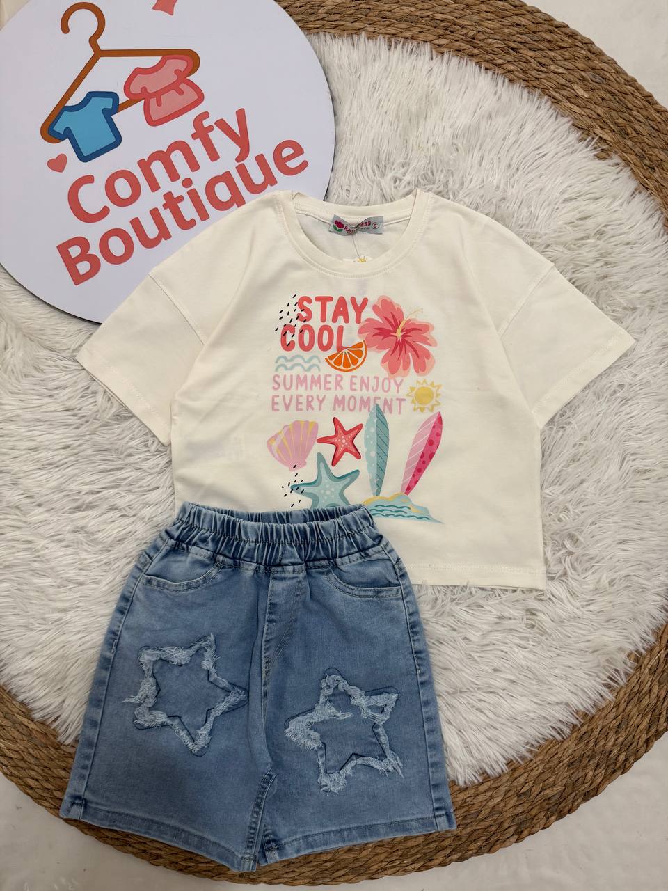 Girls Summer T-Shirt & Denim Shorts Set with Star Detail | HP002G