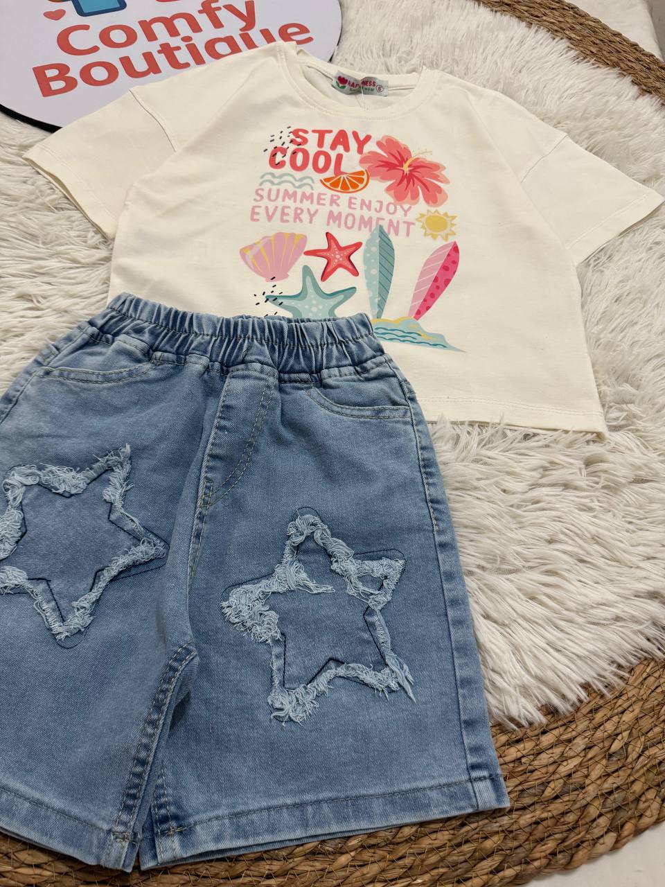Girls Summer T-Shirt & Denim Shorts Set with Star Detail | HP002G