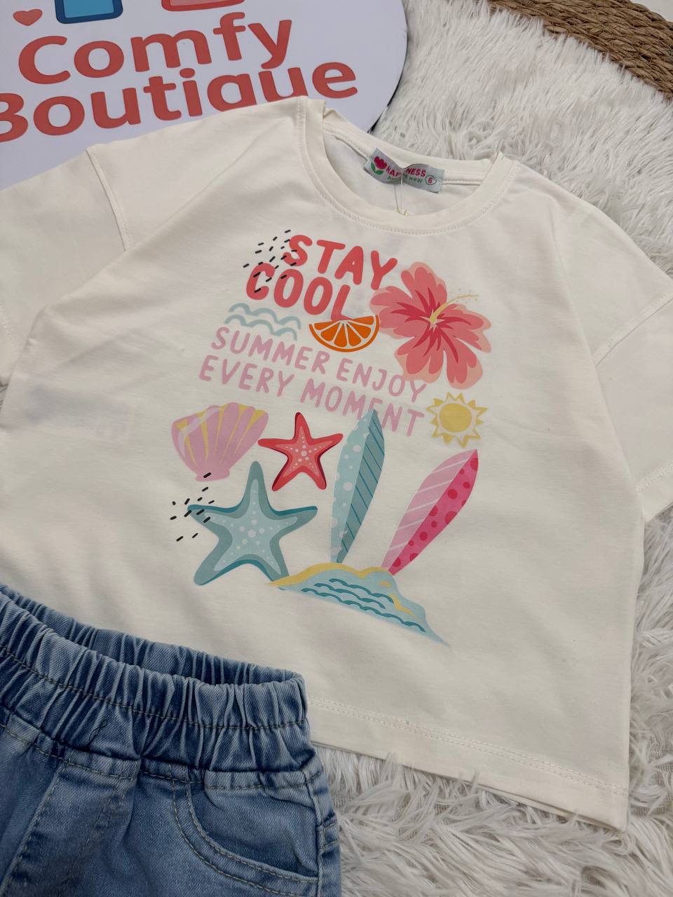 Girls Summer T-Shirt & Denim Shorts Set with Star Detail | HP002G